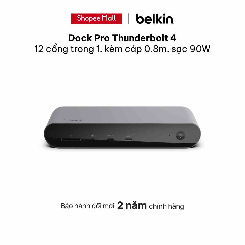 Dock Pro Thunderbolt 4 12 cổng trong 1 Belkin, kèm cáp Thunderbolt 4 dài 0.8m, sạc 90W PD - Bảo hành 2 năm