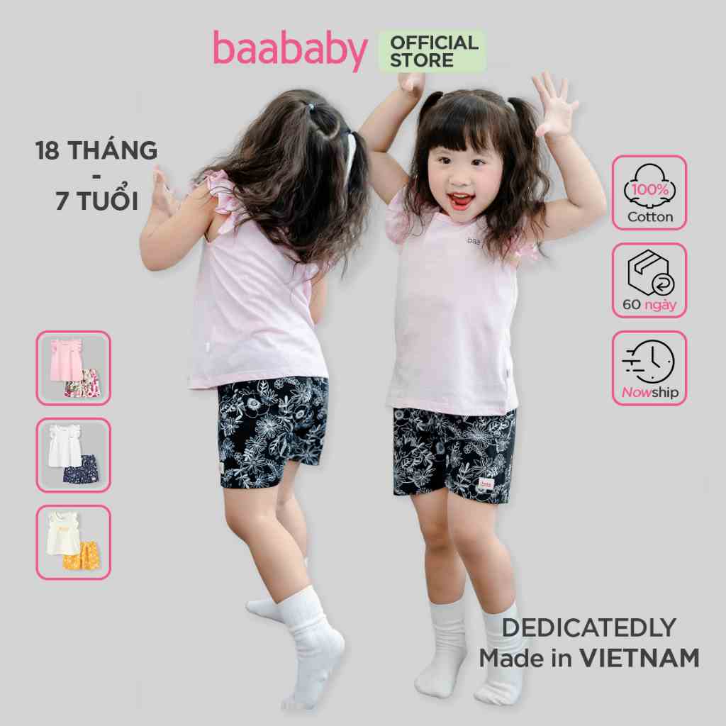 Đồ bộ bé gái, set đồ bé gái tay cánh tiên thun cotton in họa tiết cho bé từ 1 tuổi - 7 tuổi - Baa Baby