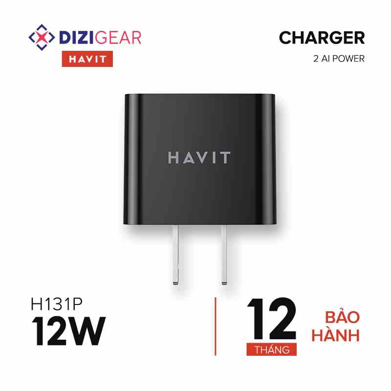 Cốc Sạc 2 Cổng HAVIT H131P, Ai Power, Công Suất Tối Đa 12W - Hàng Chính Hãng (Đen)