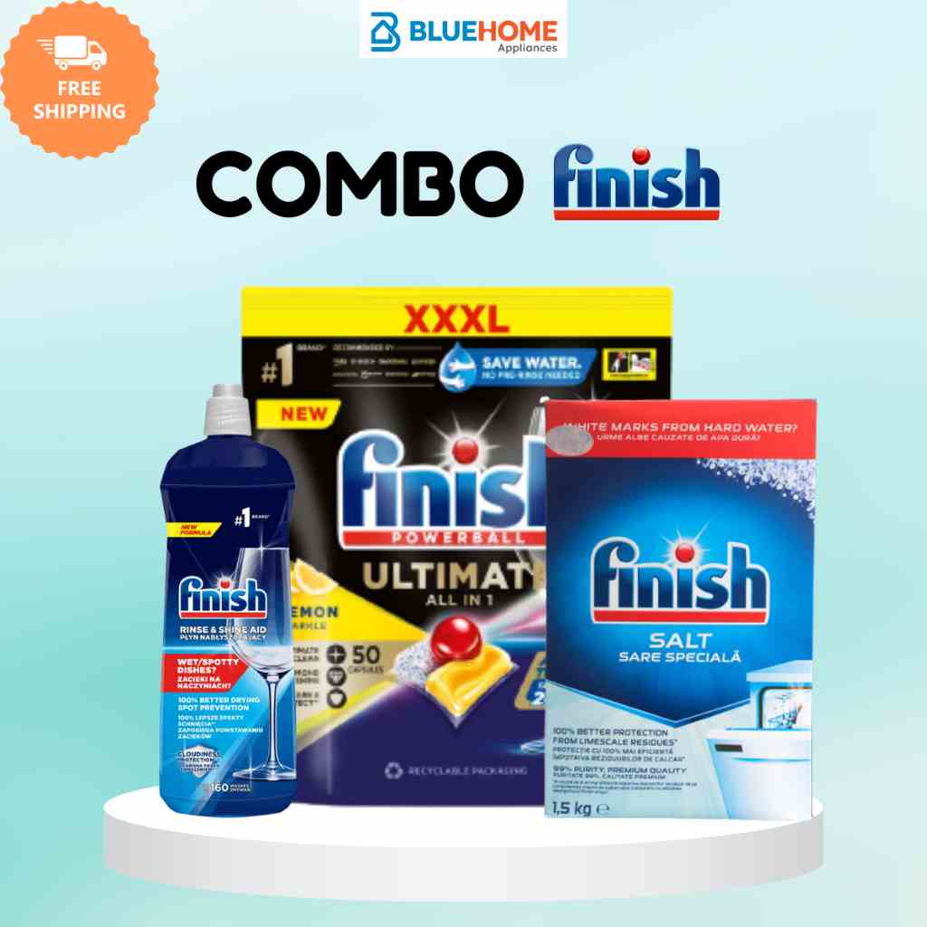 Combo Finish: Viên rửa bát Quantum Ultimate 50 viên + Muối 1.5kg + Bóng 800ml