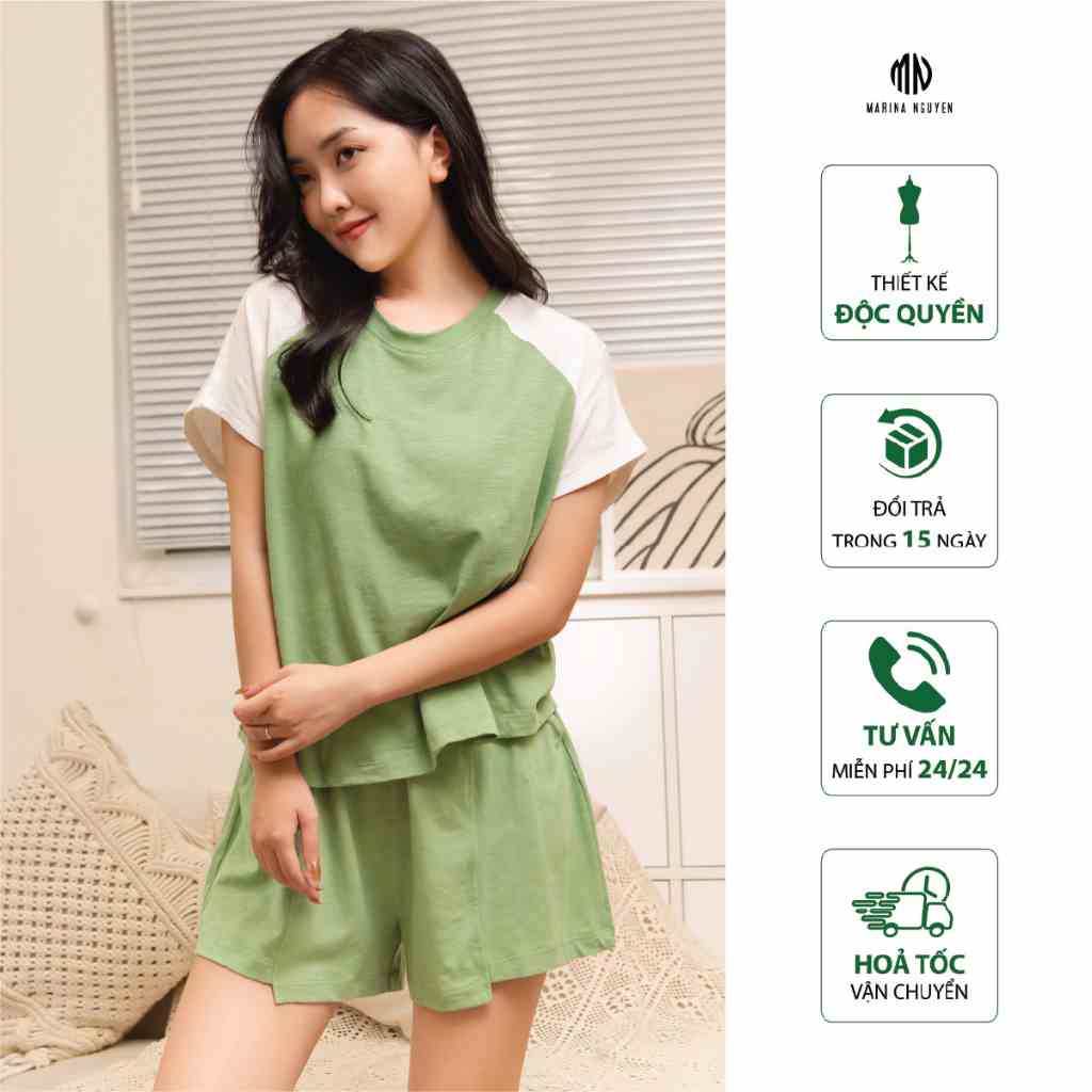 Đồ Bộ Nữ MARINA NGUYỄN, Cổ tròn, Tay Ngắn, Vải Cotton xước, Thoáng Mát 323-019