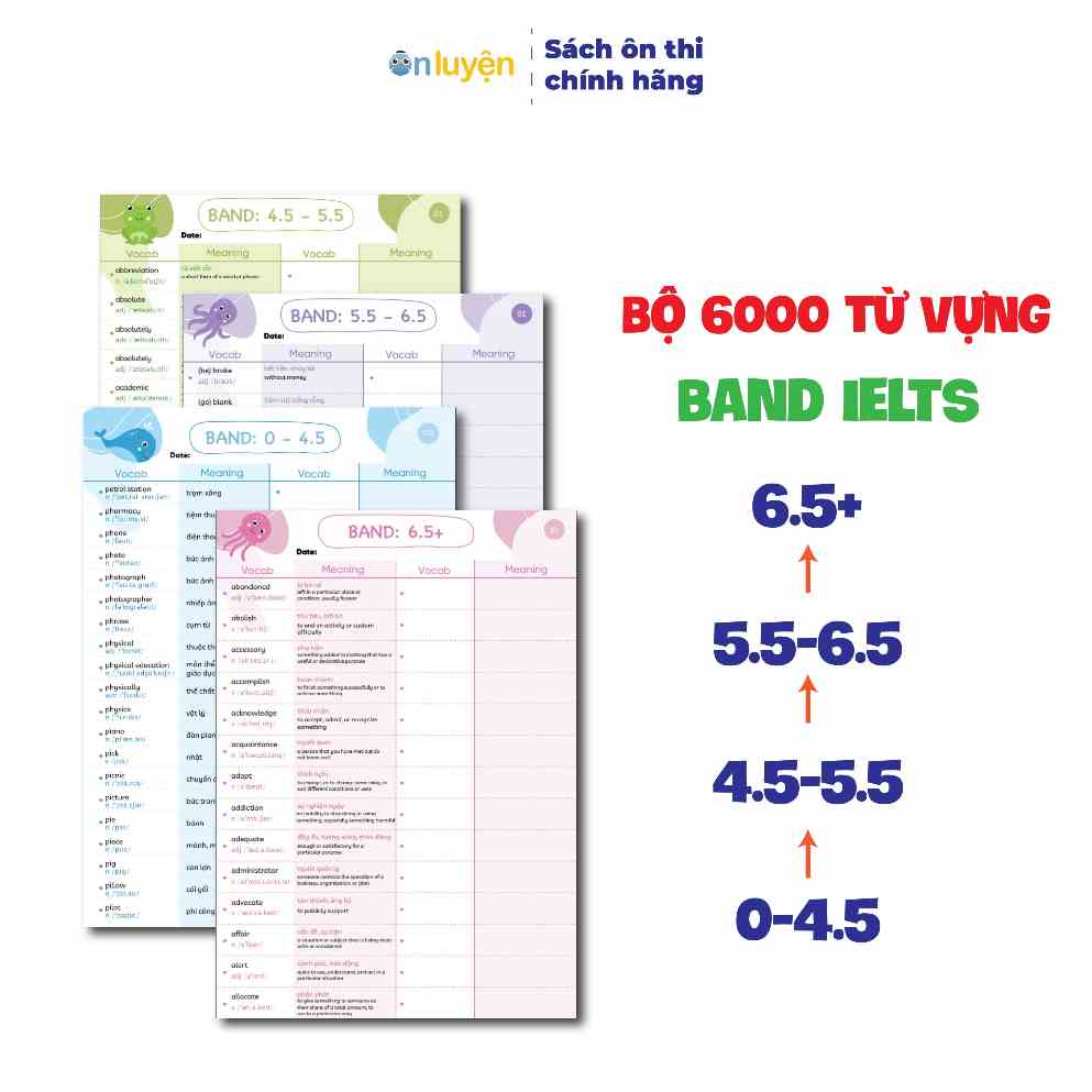 Bộ 6000 từ vựng IELTS theo band 0-4.5, 4.5-5.5, 5.5-6.5, 6.5+, dạng takenote dễ học dễ nhớ - Nhà sách Ôn luyện