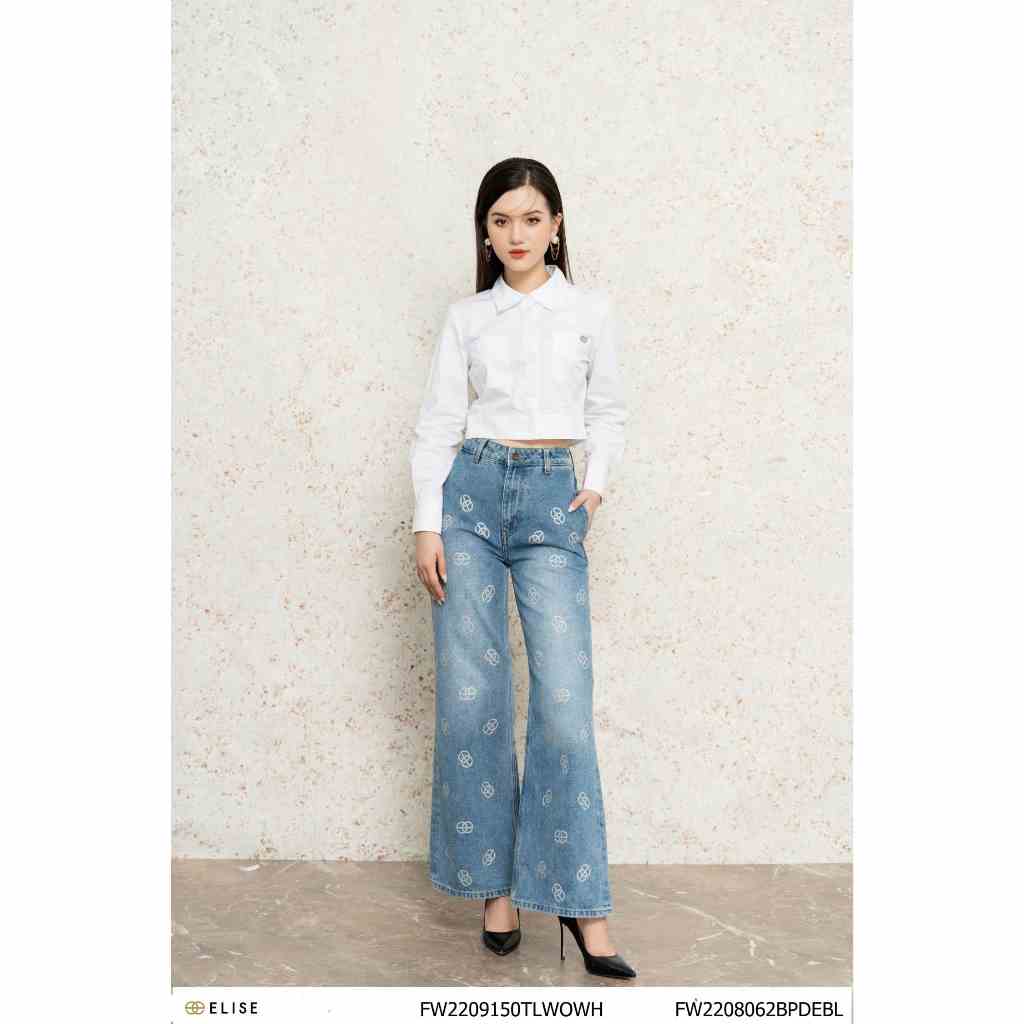 Quần jeans xanh nhạt logo bạc thiết kế Elise FW2208062BPDEBL