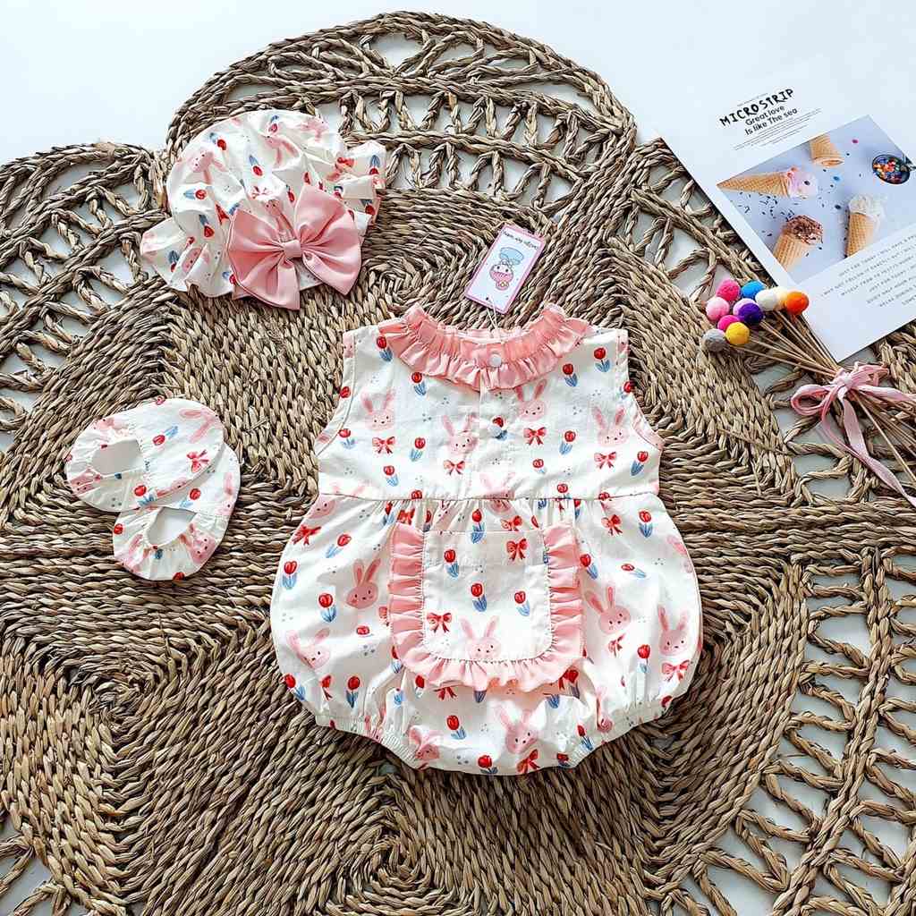 Set bodysuit cho bé kèm nón tất MINTSCLOSET Mints Closet body thỏ hồng cho bé gái sơ sinh 1 2 3 tuổi - BS6126