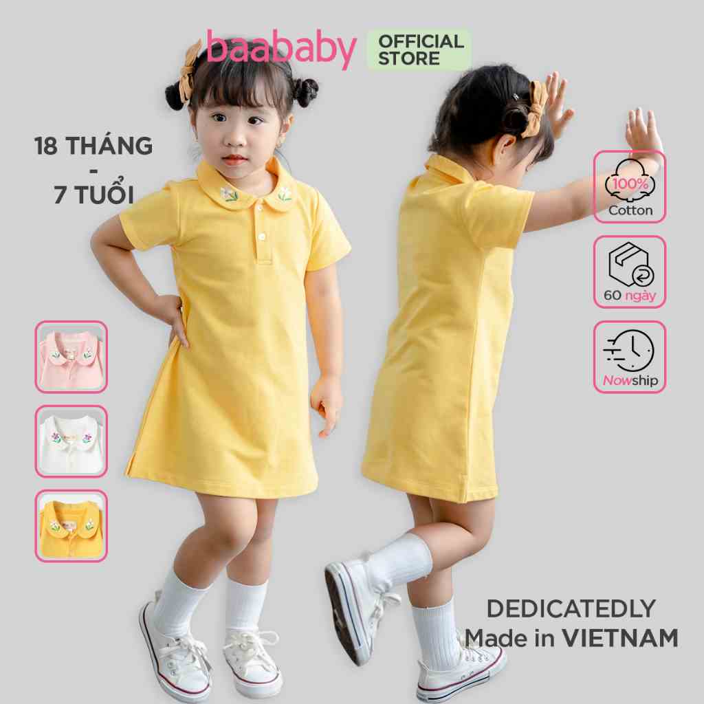 Đầm bé gái cotton thêu hoa, váy polo cho bé gái, đầm cho bé gái từ 1 tuổi - 7 tuổi Baa Baby