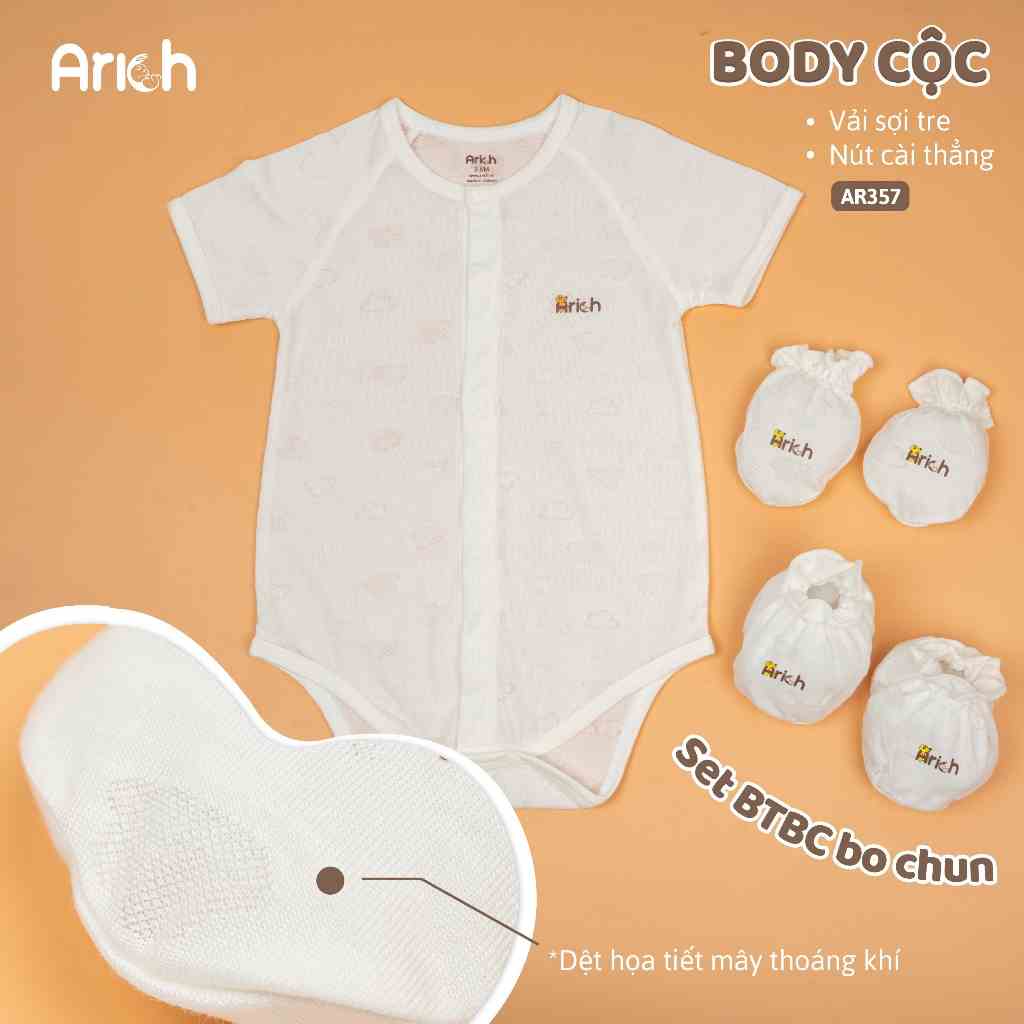 Set Body cộc tay in họa tiết Mây, mũ, bao tay bao chân bo chun cho bé từ new born đến 18m