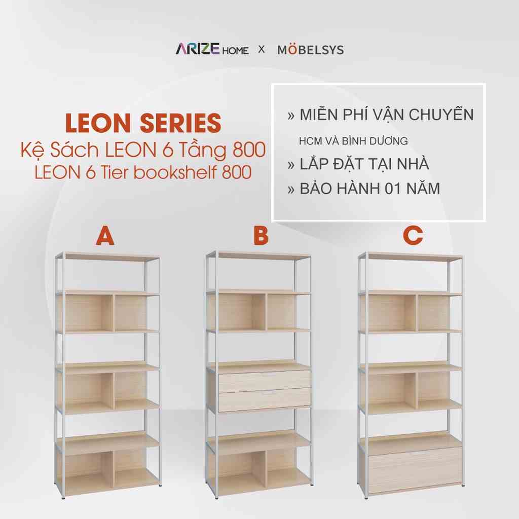 [Mã BMLTB200 giảm đến 100K đơn 499K] Kệ Sách Gỗ Có Khung Kim Loại ARIZE Mobelsys Leon 6 Tầng 800*1948