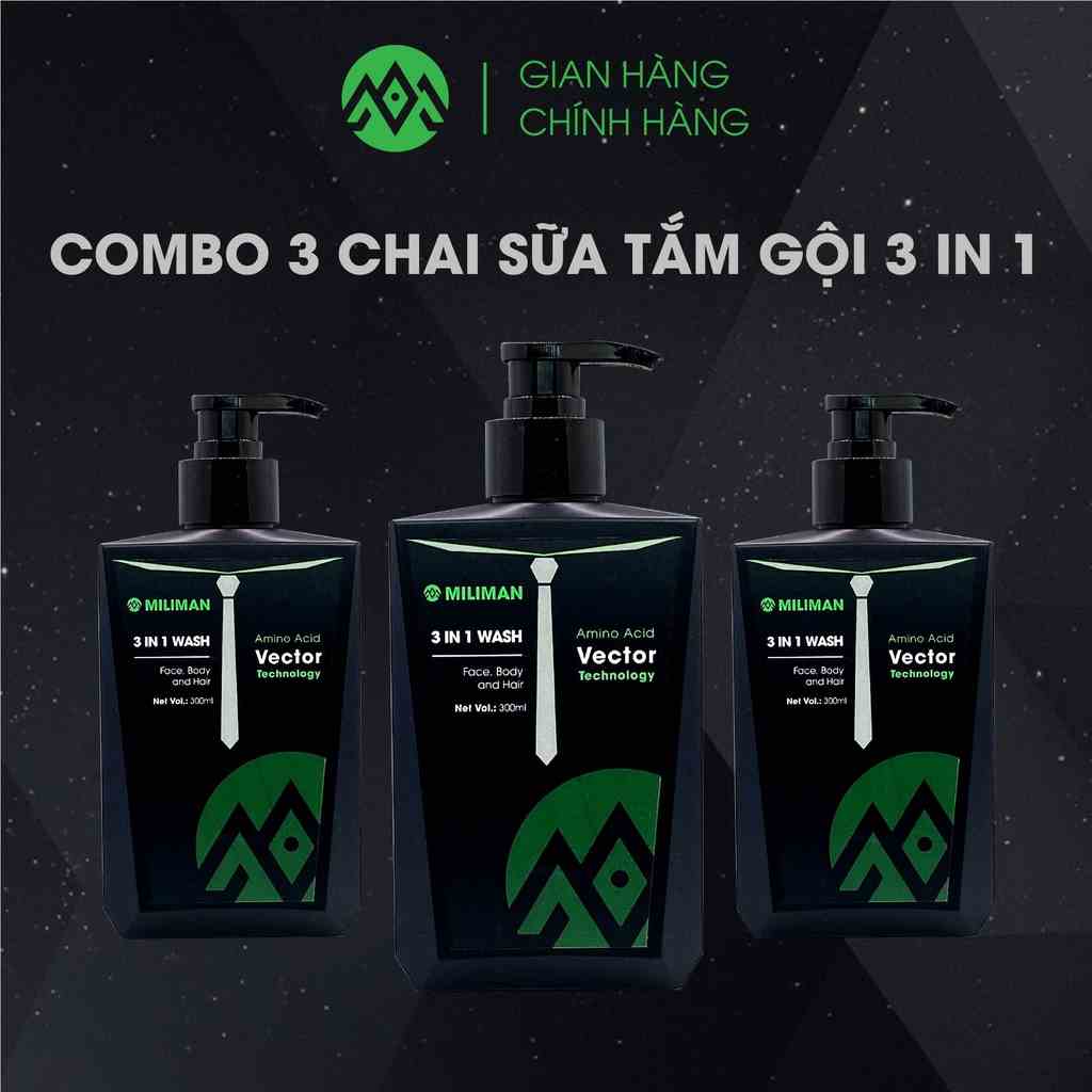 Combo 3 Chai Sữa Tắm Gội 3 In 1 MILIMAN 300ml - Tắm, Gội, Rửa Mặt 3 In 1, AAV Dưỡng Da Toàn Thân, Hương Nước Hoa