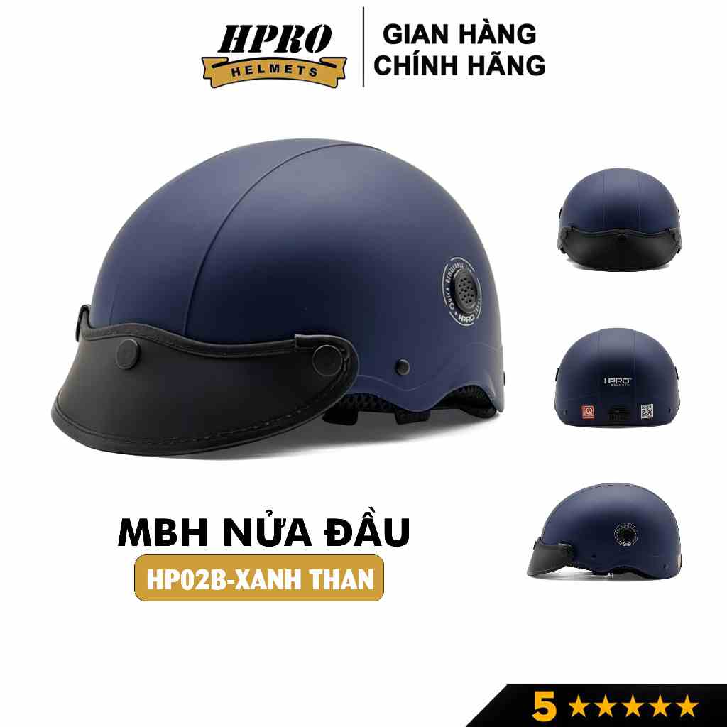 Nón bảo hiểm nửa đầu Hpro helmet, thời trang cao cấp, màu xanh than mạnh mẽ, freesize từ 55-59cm