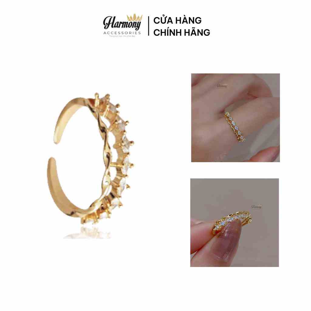 Nhẫn bạc nữ thật 925 cao cấp mạ vàng 14k đính dải đá dáng mở freesize Jena | HARMONY ACCESSORIES N73