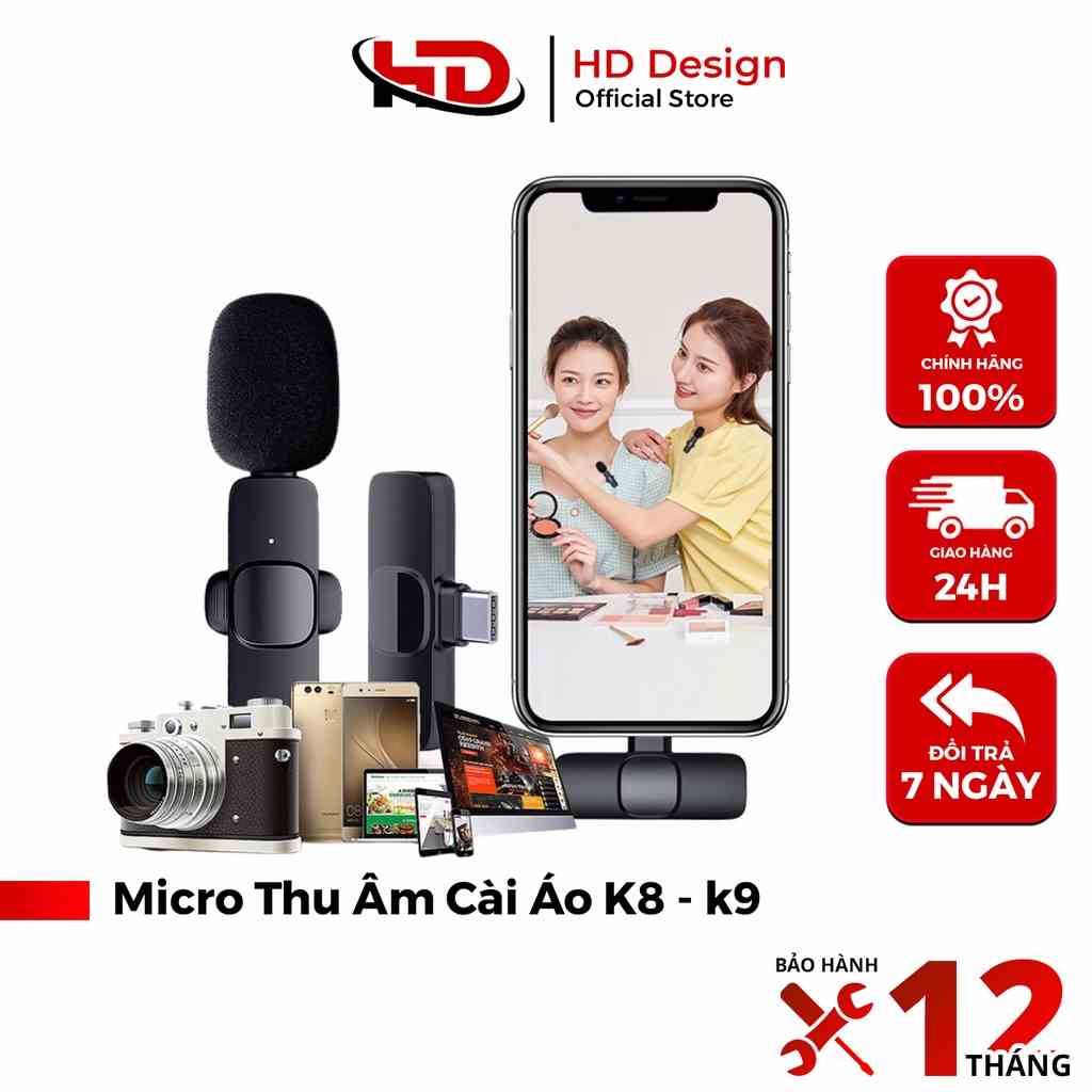 Micro thu âm không dây cài áo K8 - K9 - Lọc Tiếng Ồn Cao Cấp - Khoảng Cách 20m- Chính Hãng HD DESIGN