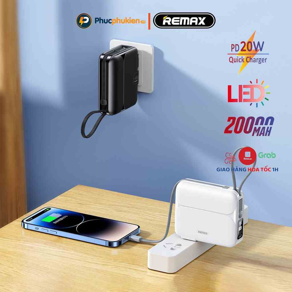 Sạc dự phòng 20000mAh kiêm củ sạc Remax RPP 553 thiết kế kèm dây sạc nhanh 27w cho 14 Serie - Phúc Phụ Kiện Remax