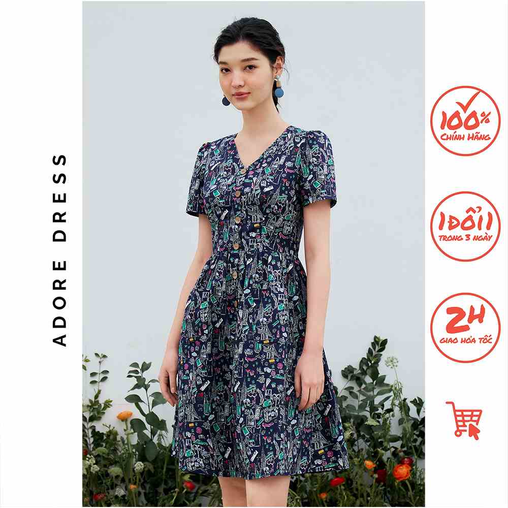 Đầm mini vải thô navy in họa tiết 3ASDR1190 ADORE DRESS