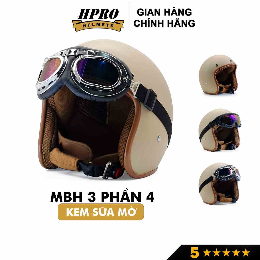 Mũ bảo hiểm 3/4 đầu Sundy Helmets, màu kem sữa mờ, sang trọng, tinh tế, Freesize (54-58cm) kèm kính UV, phi công