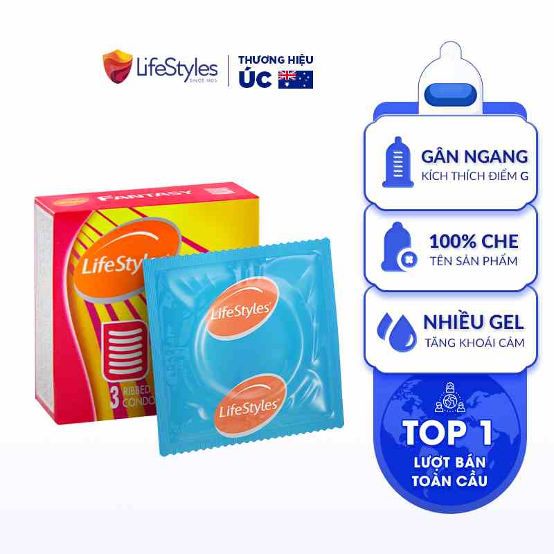 [Mua nhiều giảm giá] Bao cao su LifeStyles Fantasy Gân Ngang, Nhiều Gel Bôi Trơn tăng Khoái Cảm - Hộp 3 bao