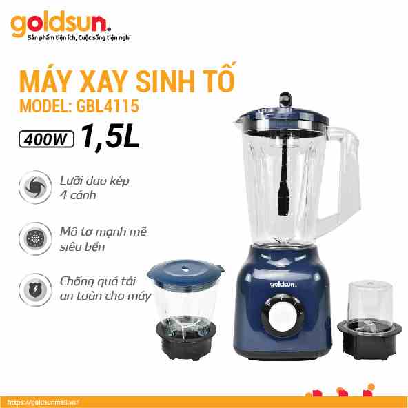 Máy xay sinh tố Goldsun GBL4115 công suất 400W, 3 cối nhựa, lưỡi dao inox 4 cánh