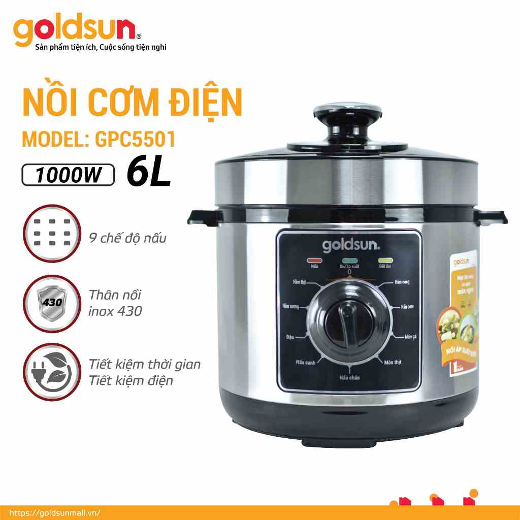 Nồi áp suất điện Goldsun GPC5501 (6L) inox 430 cao cấp công suất 1000W