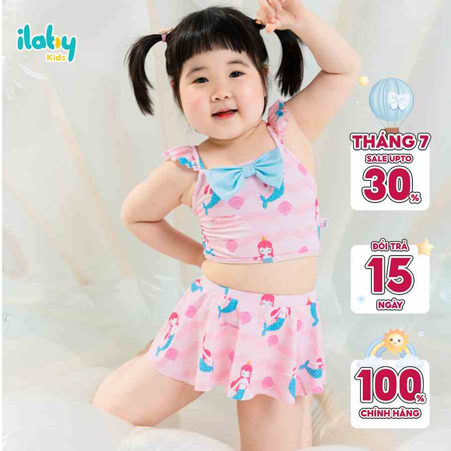 Set đồ bơi bé gái ILABY áo ngắn croptop đính nơ + chân váy chất liệu thun lạnh co dãn cho bé 2-11 tuổi [70IG1637C3FT]