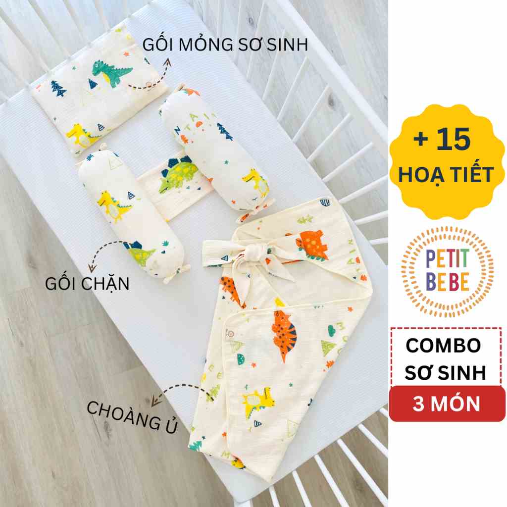 Combo sơ sinh 3 món gối mỏng gối chặn choàng ủ PETIT BEBE muslin cotton thoáng khí thấm hút mồ hôi