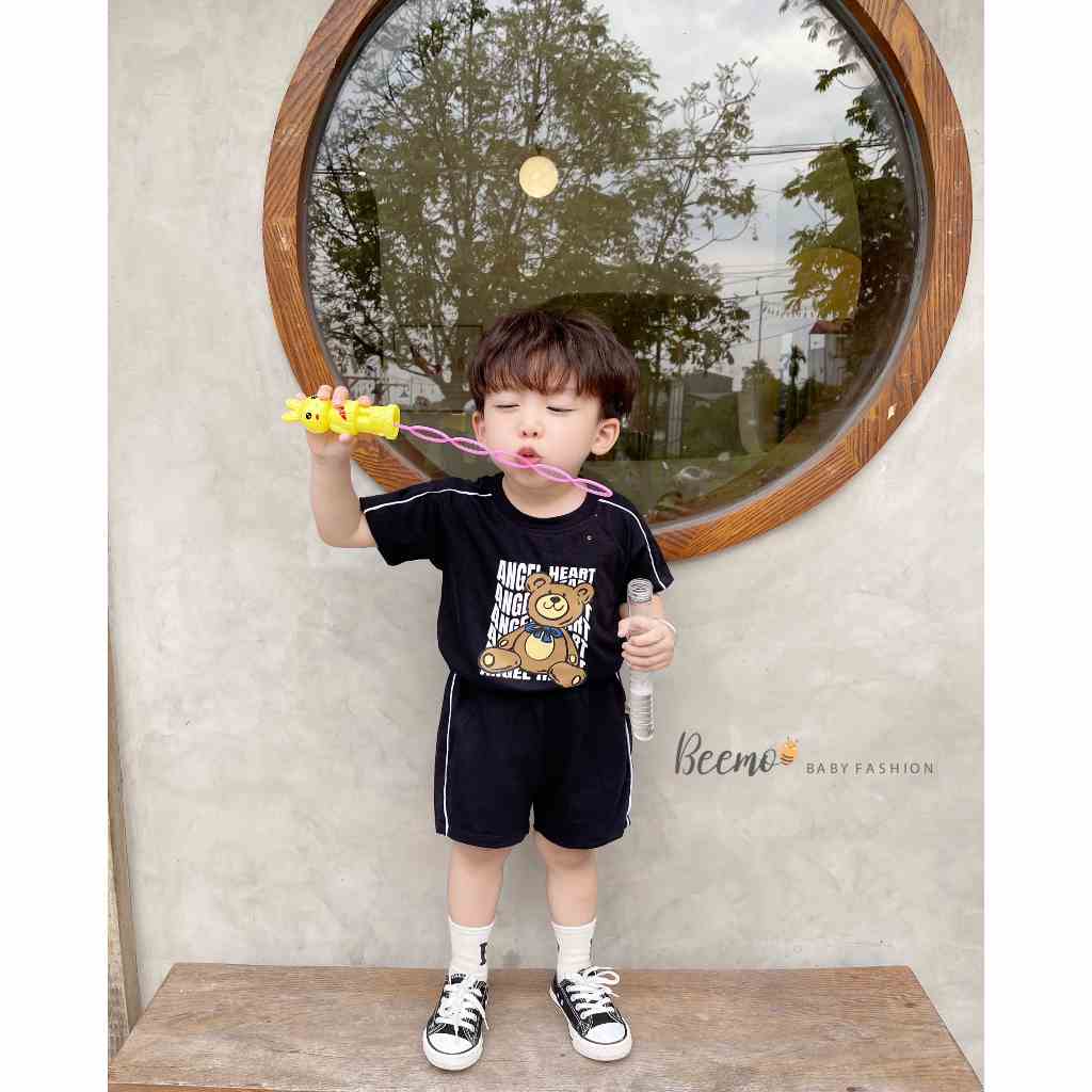 Set bộ quần áo Beemo phối chữ in gấu trước ngực mặc hè chất liệu cotton xược mát mẻ cho bé từ 1 - 7 tuổi 23075B