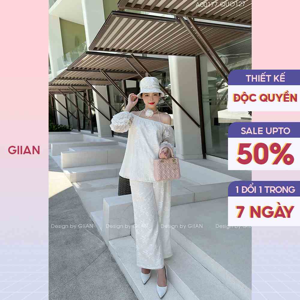 Set đi biển nữ 2 món resort áo hoa trễ vai tay bồng phối quần dài suông tơ hoa ép -  AO0177 QU0127