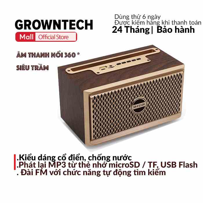 Loa bluetooth XM 516K GROWNTECH không dây âm thanh stereo kép trầm ấm , hỗ trợ thẻ nhớ TF, USB, Aux ,chân đế chống trượt