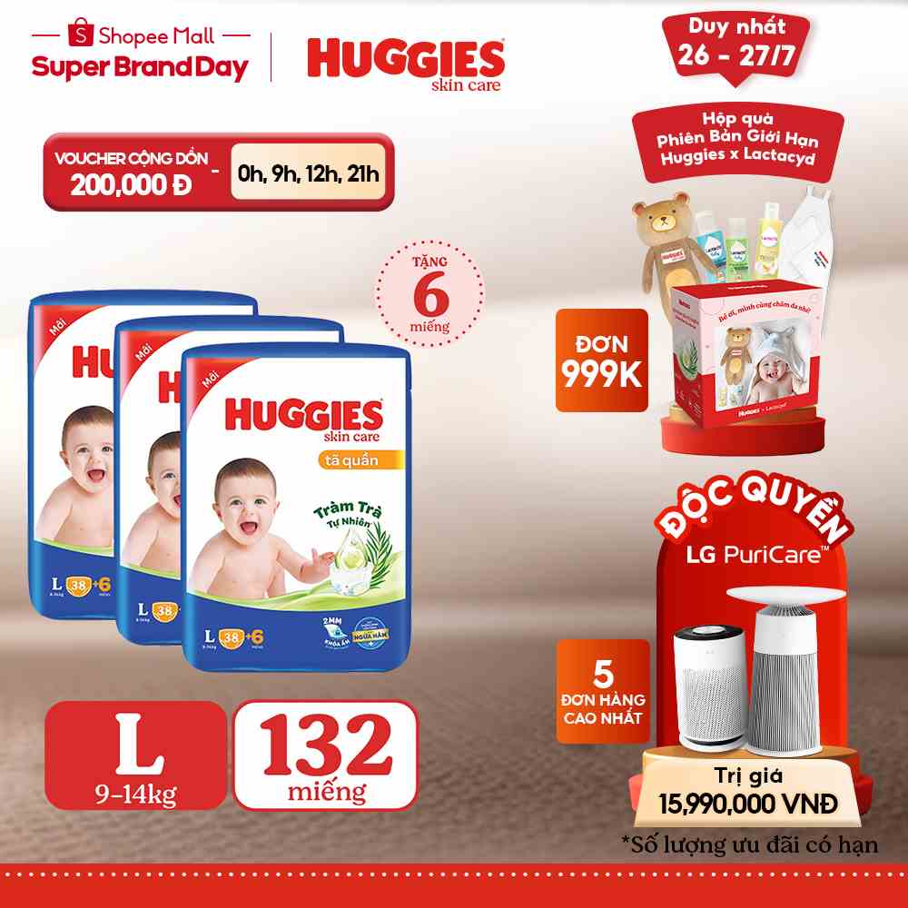 Combo 3 Tã quần Huggies Skincare Jumbo M42/L38/XL32/XXL28/XXXL22+6