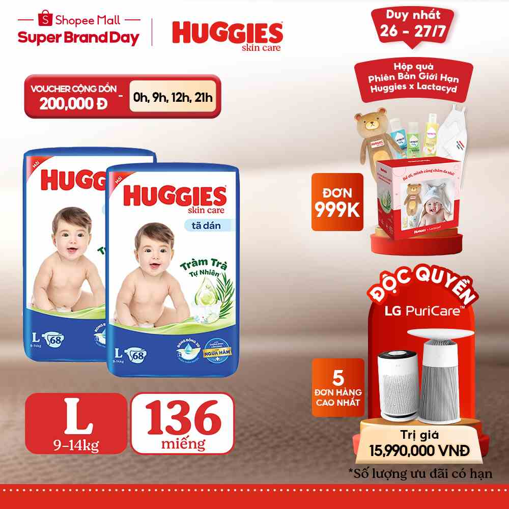 Combo 2 Tã dán Huggies Skincare Super Jumbo M76+6/ L68/ XL60/ XXL54