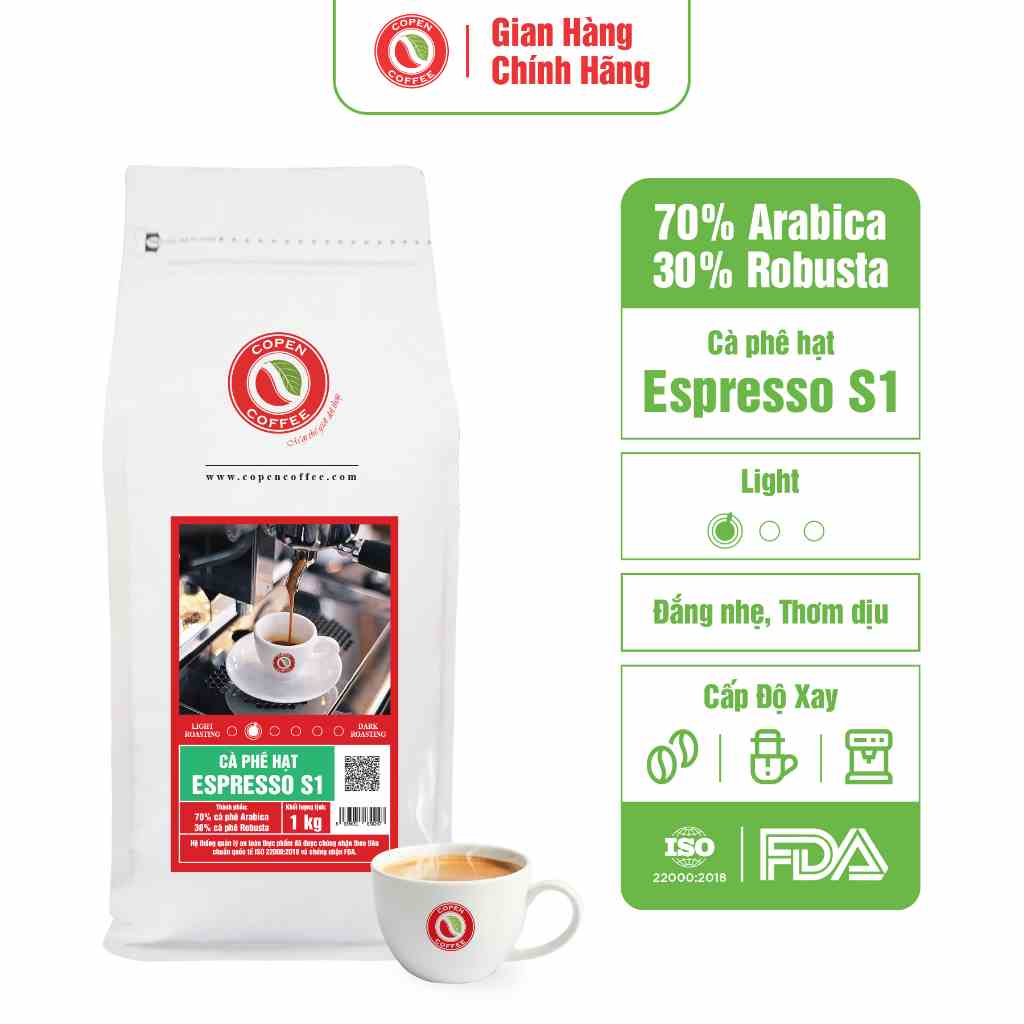 Cà phê hạt Espresso S1 Copen Coffee - Rang mộc nguyên chất - 70 Arabica mix 30 Robusta - vị đắng nhẹ, ít chua - GÓI 1KG