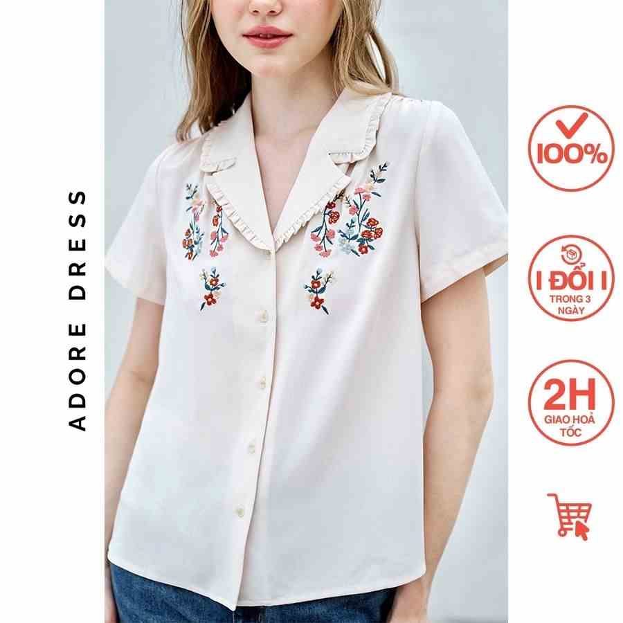 Áo sơ mi Tops giả đũi kem vàng thêu ngực cổ 2 ve 311TO1007 ADORE DRESS