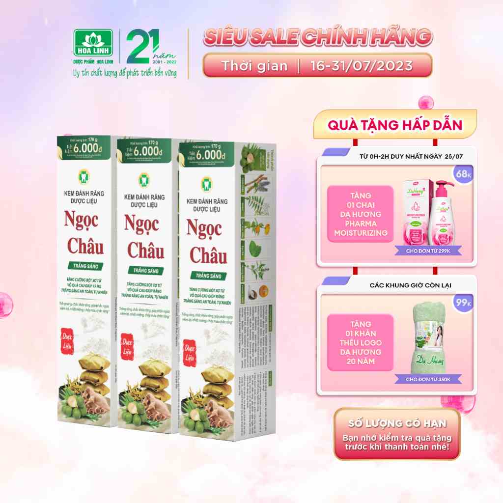 Bộ 3 tuýp Kem Đánh Răng Dược Liệu Ngọc Châu Trắng Sáng 170g