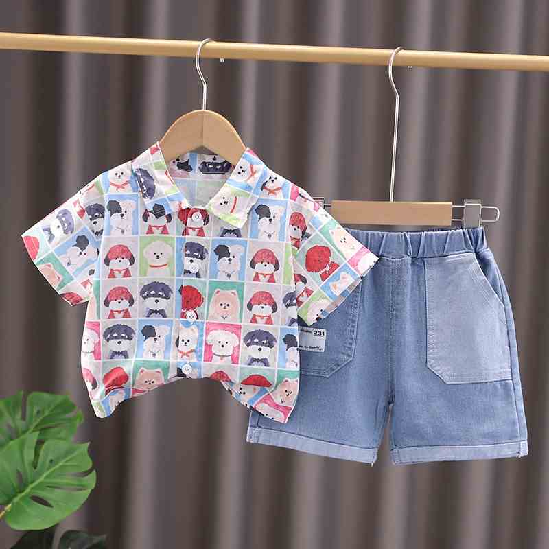 Set đồ bé trai áo sơ mi tay ngắn họa tiết kèm quần jean MINTSCLOSET Mints Closet đồ mùa hè bé 1 2 3 4 5 tuổi - TN3187