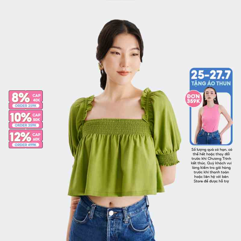 Áo kiểu linen crop MARC FASHION form rộng cổ vuông nhún thun tay phồng - CBSH050723