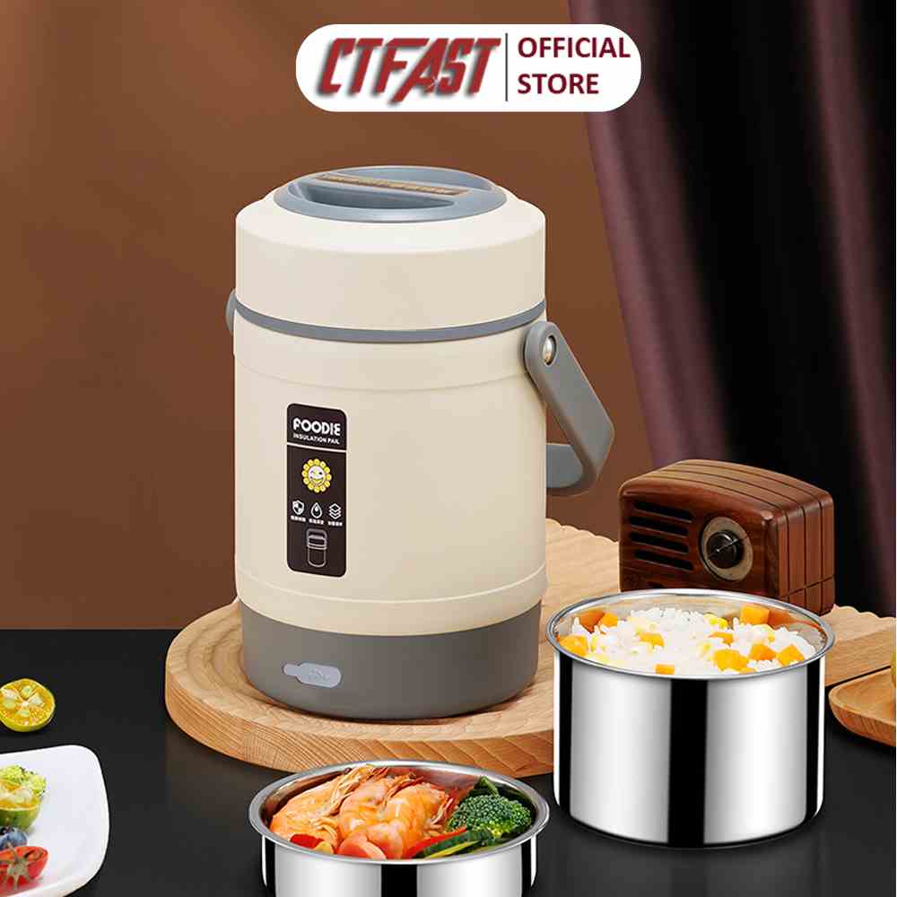 Hộp cơm giữ nhiệt cắm điện dung tích 1.6L CTFAST-A09: Hộp cơm văn phòng 3 ngăn, chất liệu inox 304 an toàn