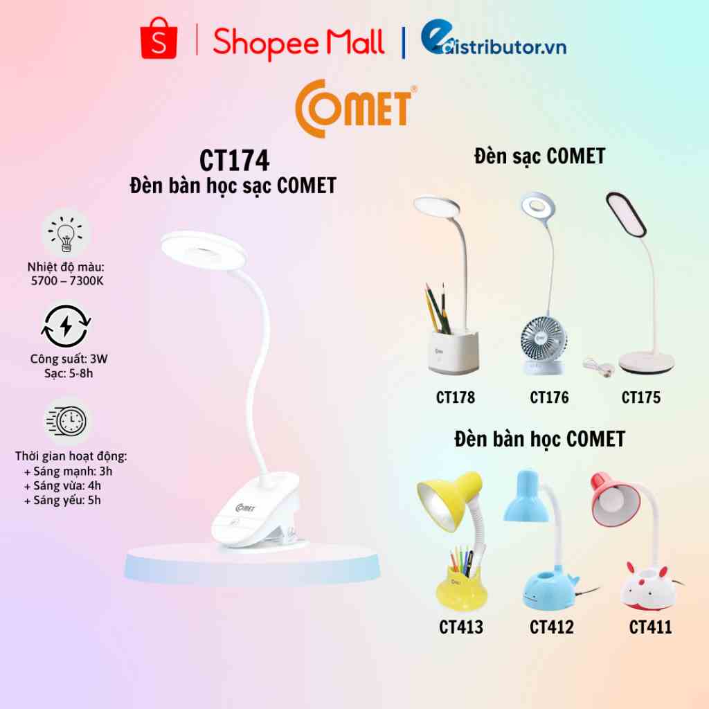 Đèn bàn sạc Led CT174/CT175/CT176/CT178 - Đèn bàn học CT411/CT412/CT413 COMET - Hàng chính hãng