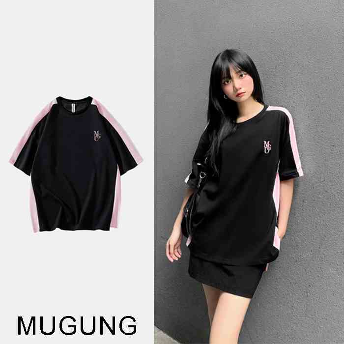 [Mã FAFRIDAY giảm đến 10k đơn 99k] Áo Thun Form Rộng Mugung Phối Kiểu 100% Cotton Logo Thêu M115