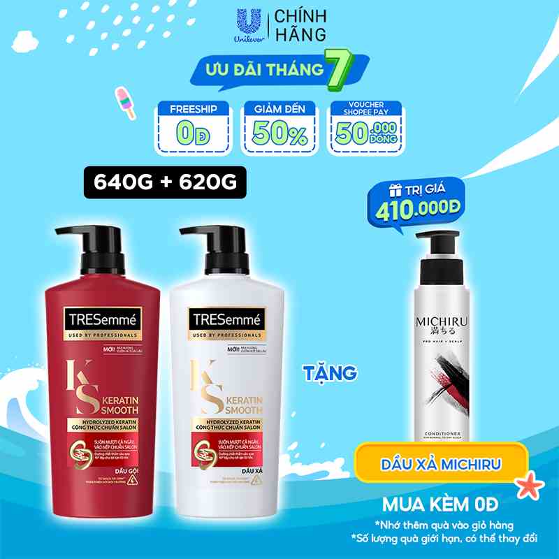 Combo Dầu Gội, Dầu Xả TRESEMME Keratin Smooth Dưỡng tóc khô xơ rối Công thức chuẩn salon Vào Nếp Suôn Mượt 640g, 620g