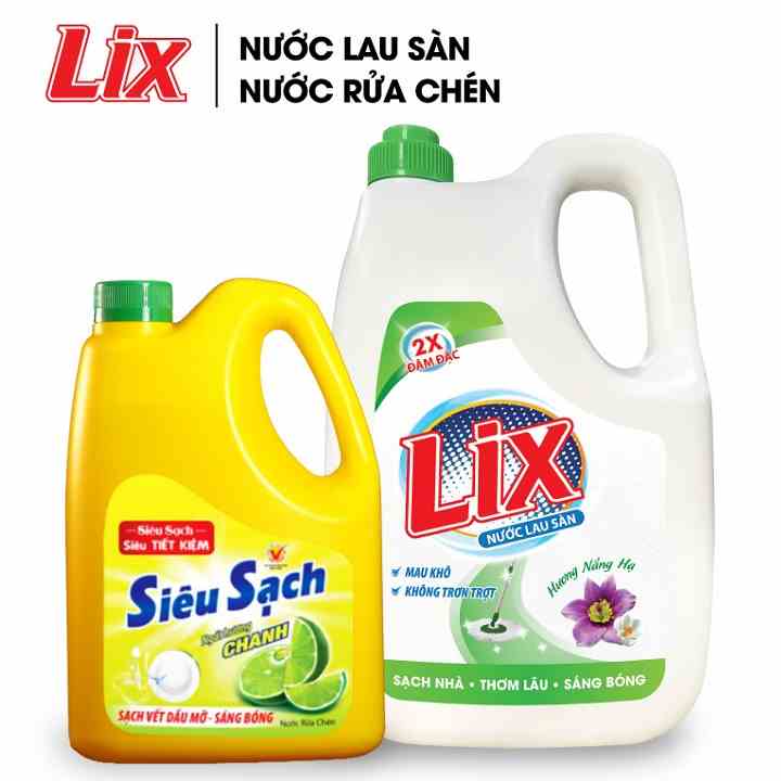 COMBO 7 gồm Nước lau sàn LIX hương nắng hạ 3.6 lít LH360 + Nước rửa chén LIX siêu sạch hương chanh 1.4kg NS140