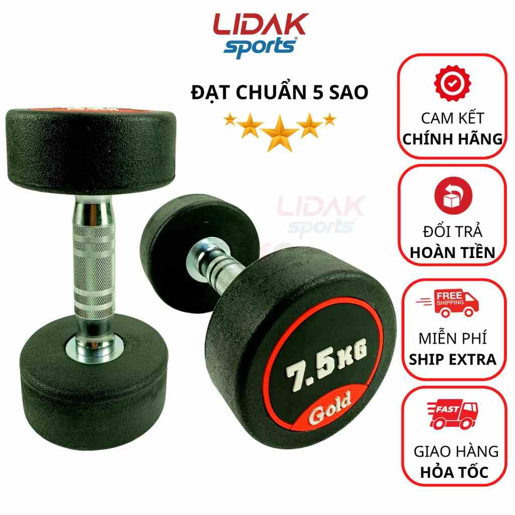 Tạ tay cao cấp lõi sắt bọc cao su 7,5kg chính hãng Gold tạ tập squat nam nữ thể dục tại nhà - LIDAK SPORT