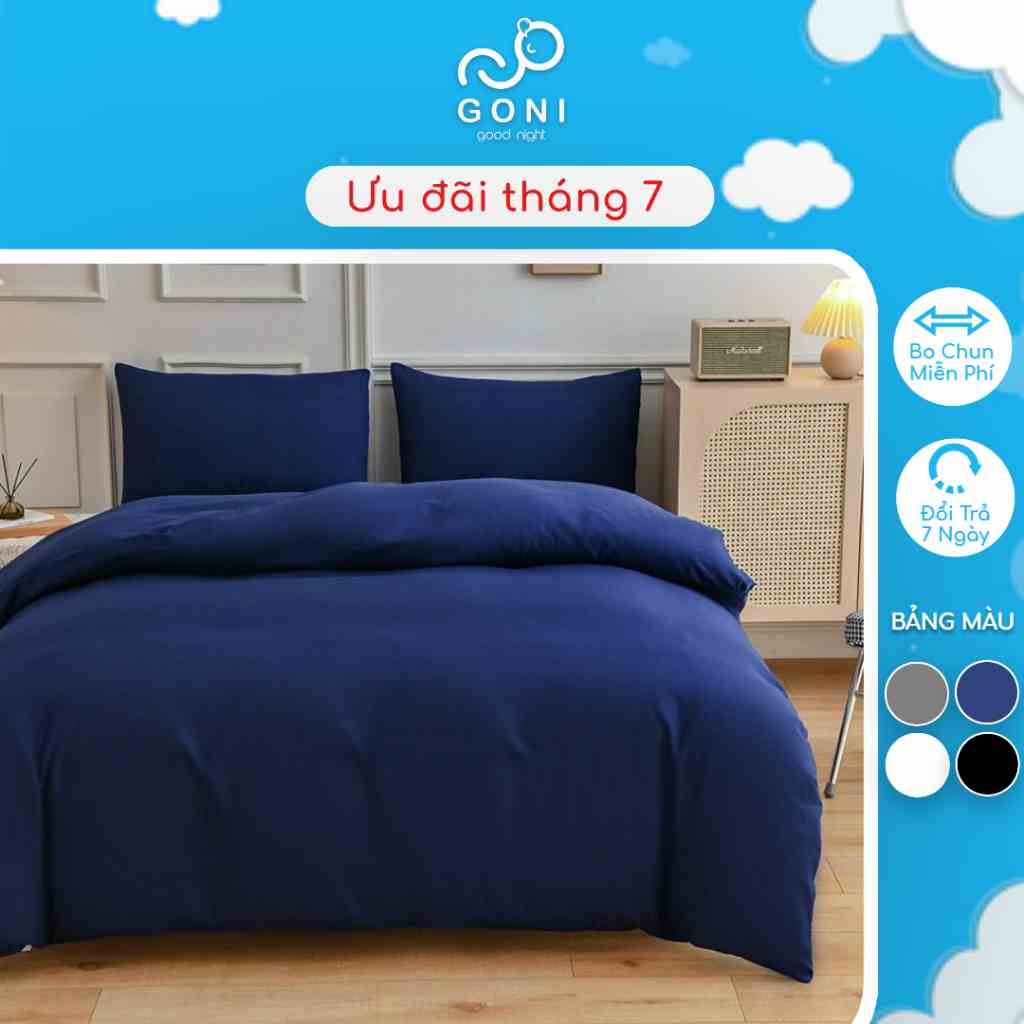 Bộ Chăn Ga Gối Cotton Tici GONI Drap Giường Màu Xanh Navy Trơn Đủ Kích Thước Trải Nệm Không Kèm Ruột