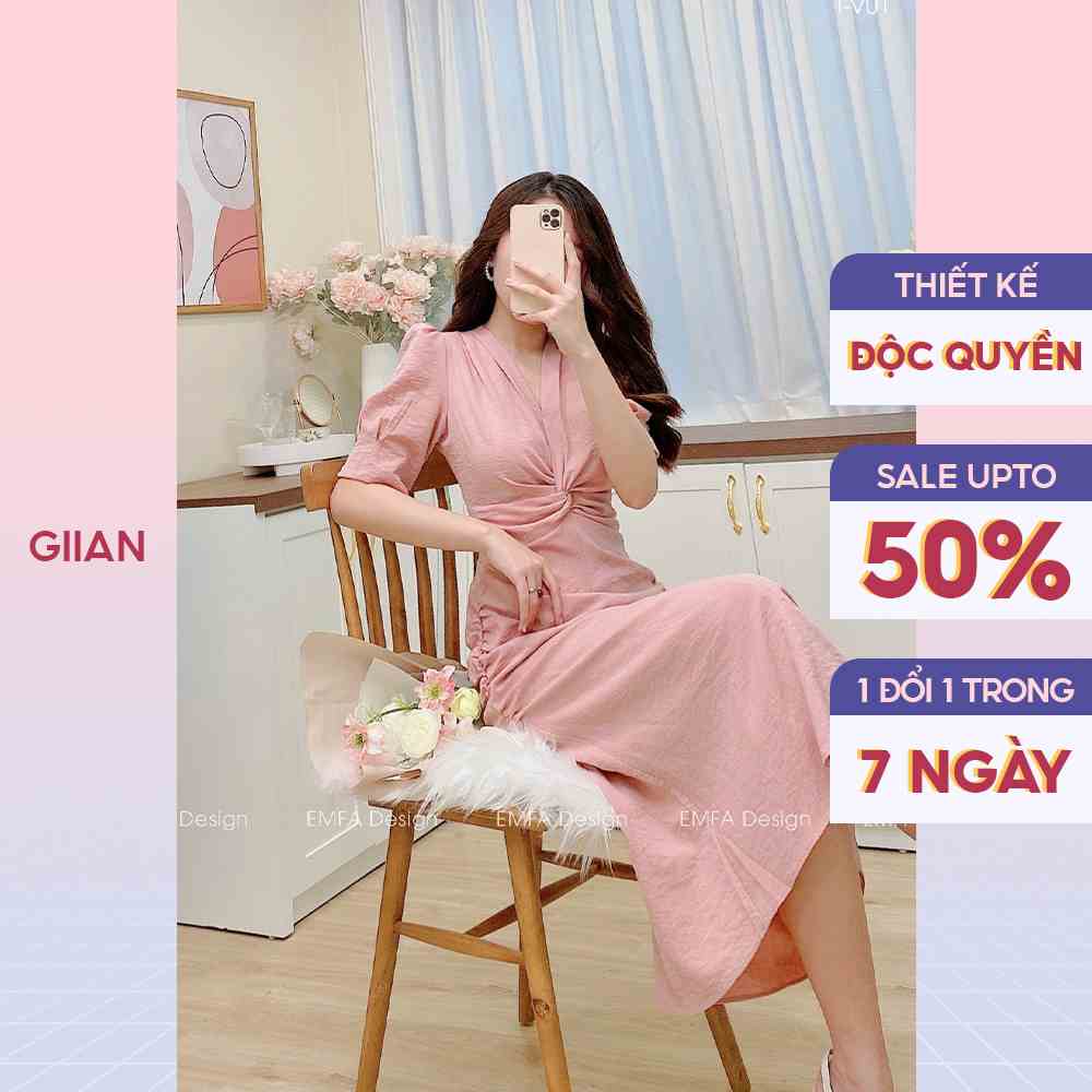 Váy đuôi cá dáng dài tay bồng xoắn eo thiết kế cổ V chính hãng Giian - GV2470H