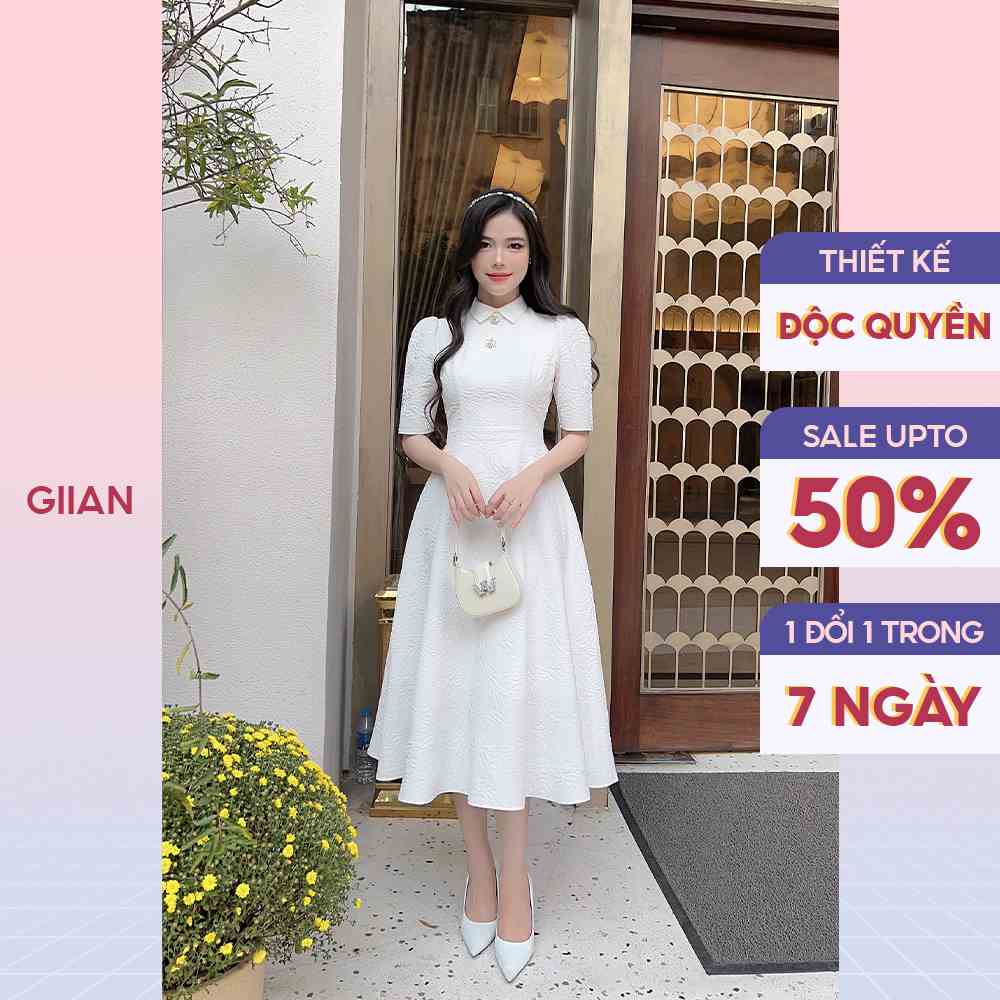 Váy sơ mi dáng dài dự tiệc xốp hoa đính họa tiết cao cấp thương hiệu Giian - GV2652