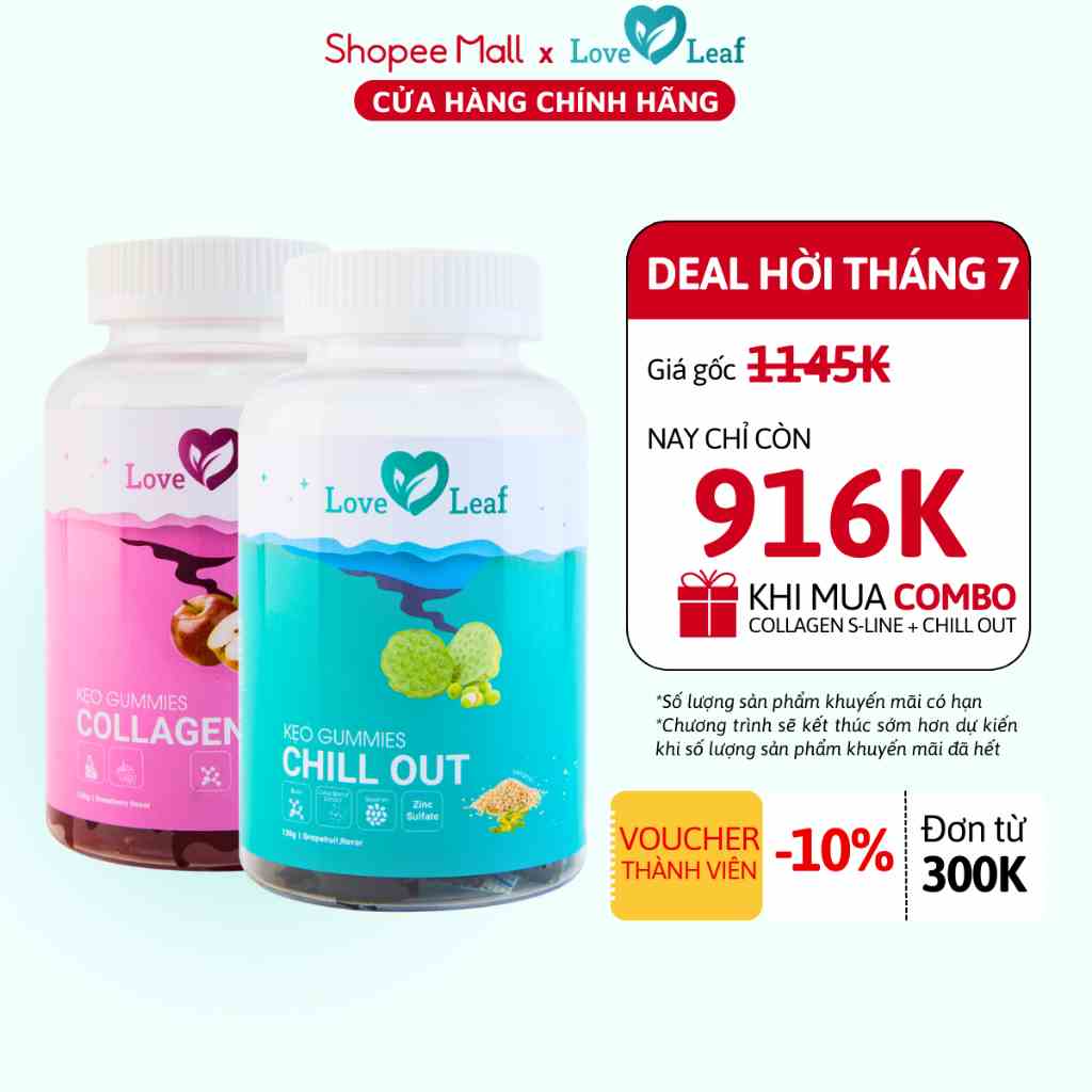 [Combo Mix] 1 Kẹo Ngủ Chill Out Love Leaf Hỗ Trợ Giấc Ngủ + 1 Kẹo Collagen S-Line Love Leaf Hỗ Trợ Bổ Sung Collagen