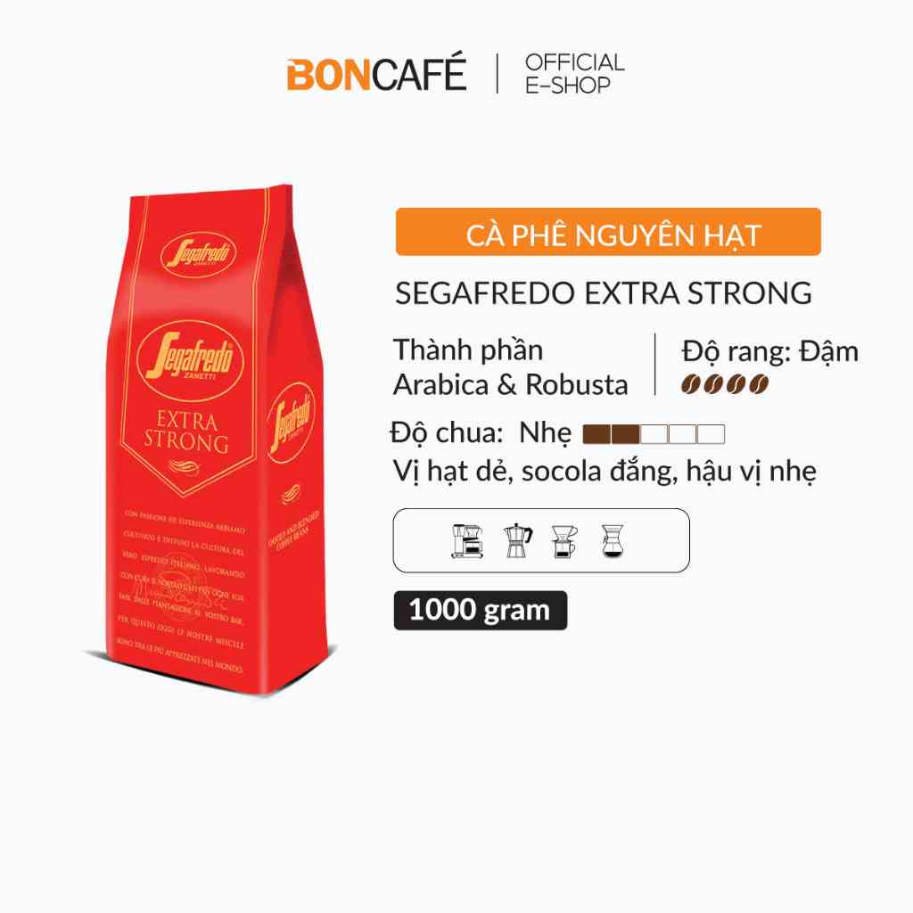 Cà phê hạt nguyên chất Arabica & Robusta rang đậm vị socola Segafredo Extra Strong 1kg/gói