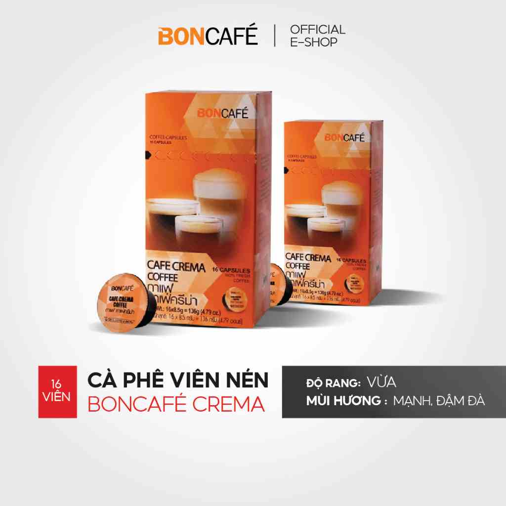 Cà phê viên nén nguyên chất rang đậm Boncafé Crema - Dành cho máy pha cà phê Capristta - Hộp 16 viên - Nhập khẩu Thái L