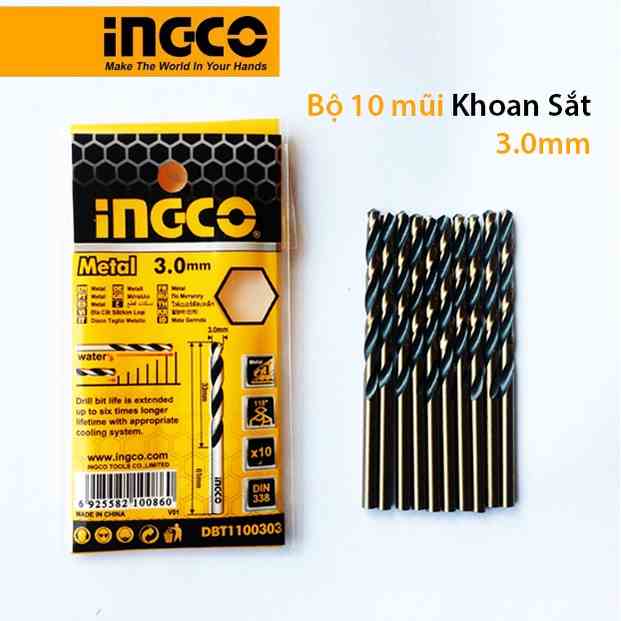 Bộ 10 mũi khoan kim loại HSS Ingco DBT1100303 đường kính mũi 3mm, dài mũi khoan 61mm, chiều dài sử dụng 33mm