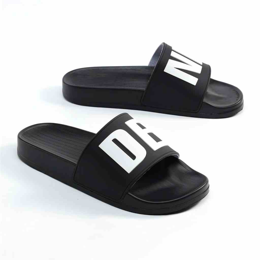 Dép quai ngang Denis CT02 Unisex Slipper Quai Đen chữ to màu trắng Basic