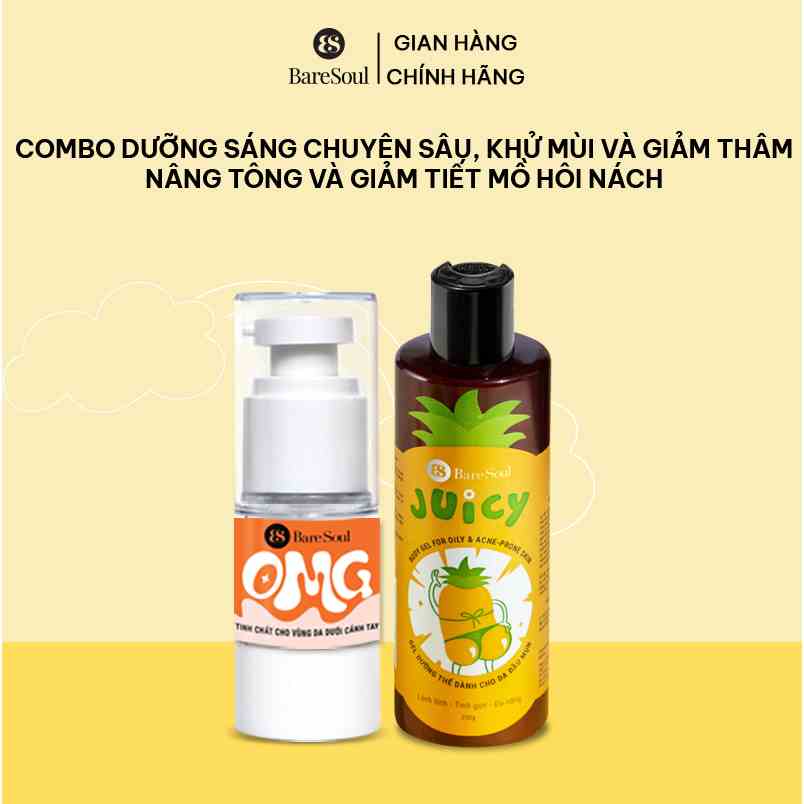 Combo dưỡng sáng chuyên sâu, nâng tông tức thì, dưỡng sáng mịn, giảm thâm, khử mùi BareSoul OMG 20g + Juicy 250ml