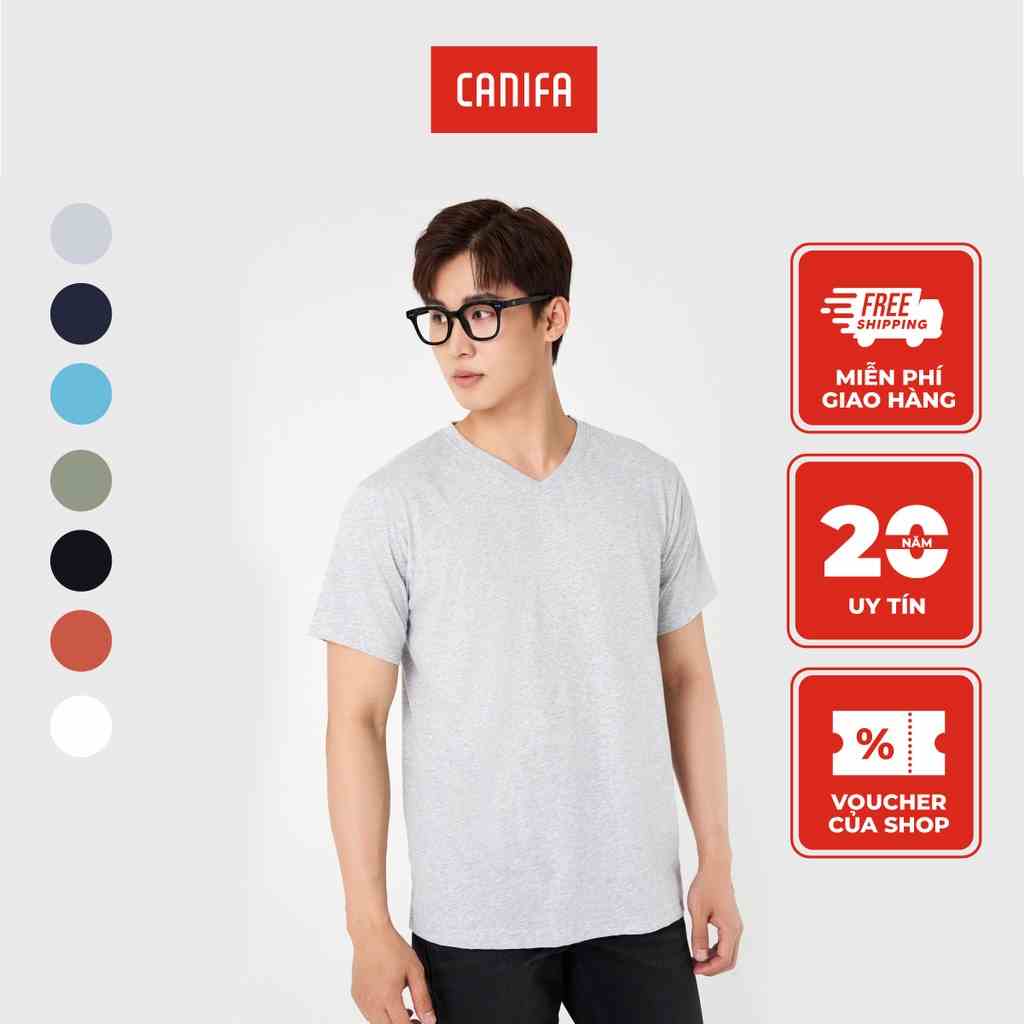 Áo phông cổ tim nam CANIFA chất liệu cotton pha, tay cộc, phom regular 8TS23A002