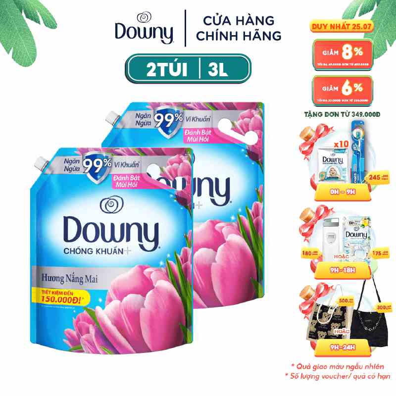 Combo 2 Túi Nước Xả Vải Downy Tinh Dầu Thiên Nhiên Hương Nắng Mai 3L/túi